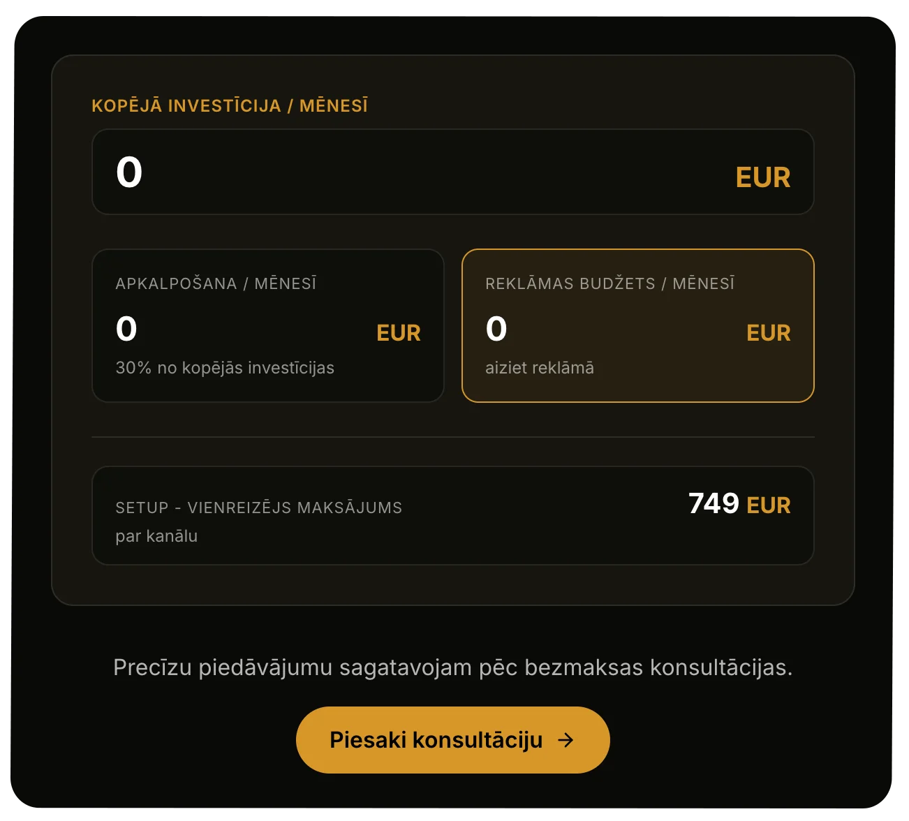 ROIS marketing investment calculator - total investment, management fee and advertising budget